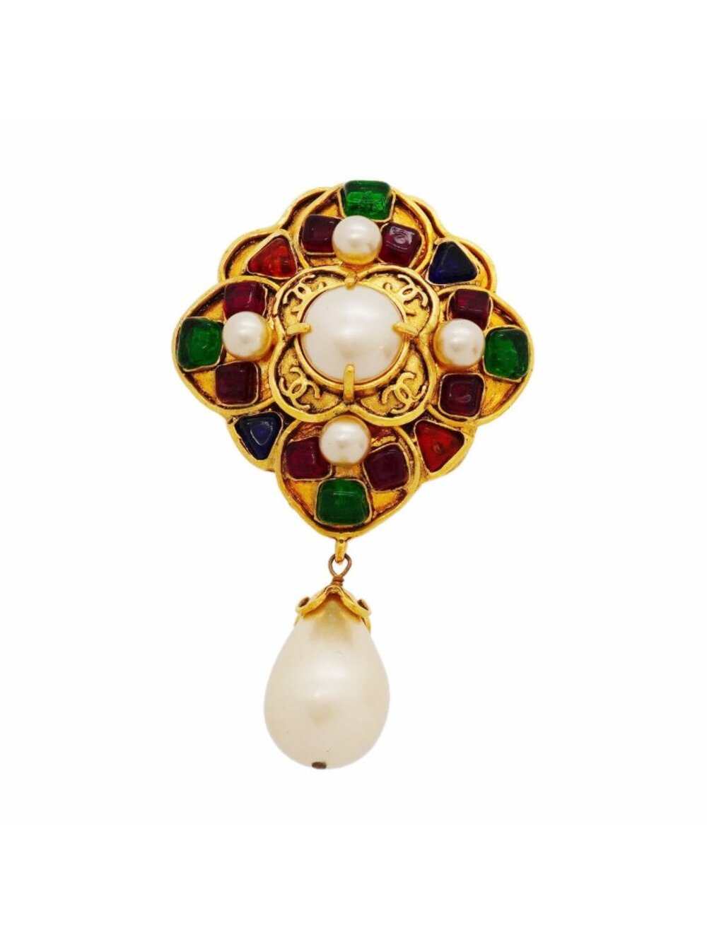 Chanel Brooch Vintage CC Logo Gold Plated Faux Pearl Gripoix Multicolor